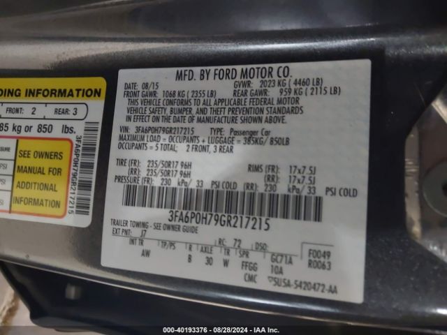 Photo 8 VIN: 3FA6P0H79GR217215 - FORD FUSION 