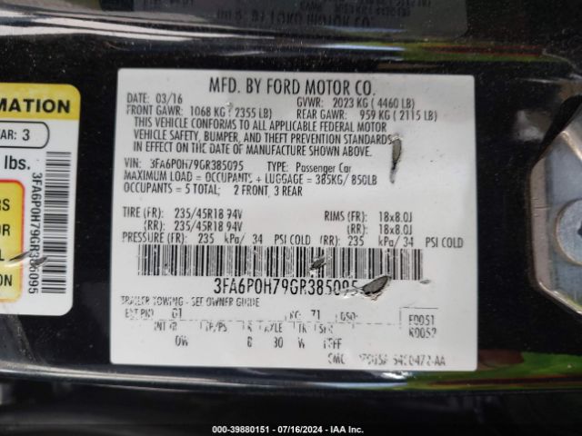 Photo 8 VIN: 3FA6P0H79GR385095 - FORD FUSION 