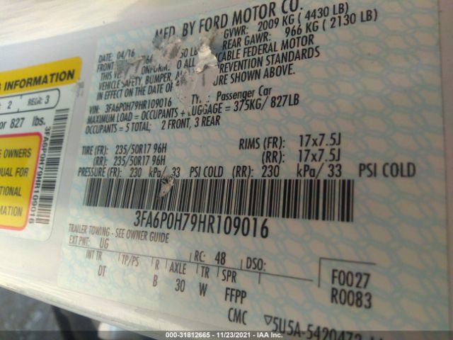 Photo 8 VIN: 3FA6P0H79HR109016 - FORD FUSION 