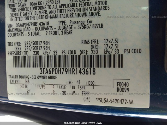 Photo 8 VIN: 3FA6P0H79HR143618 - FORD FUSION 