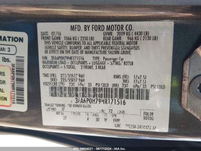 Photo 8 VIN: 3FA6P0H79HR171516 - FORD FUSION 