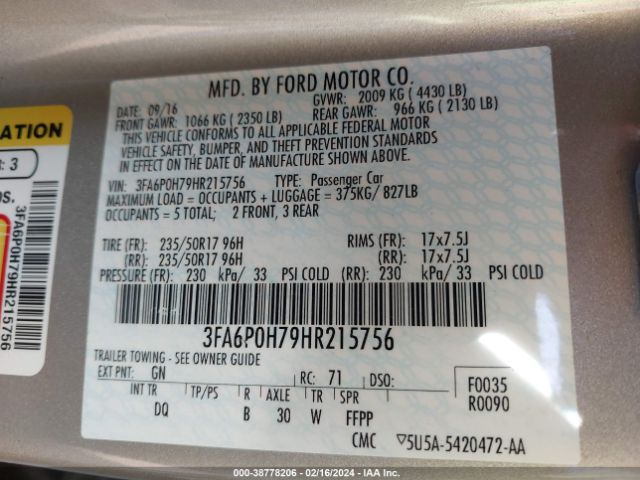 Photo 8 VIN: 3FA6P0H79HR215756 - FORD FUSION 