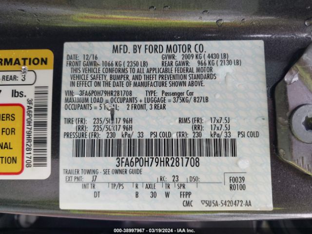 Photo 8 VIN: 3FA6P0H79HR281708 - FORD FUSION 