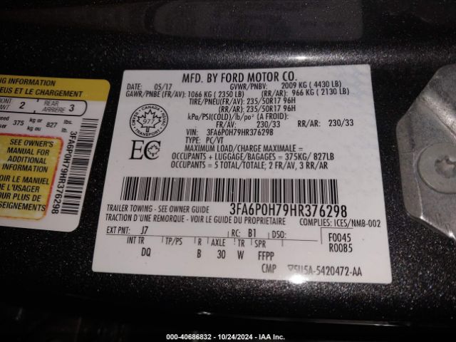 Photo 8 VIN: 3FA6P0H79HR376298 - FORD FUSION 