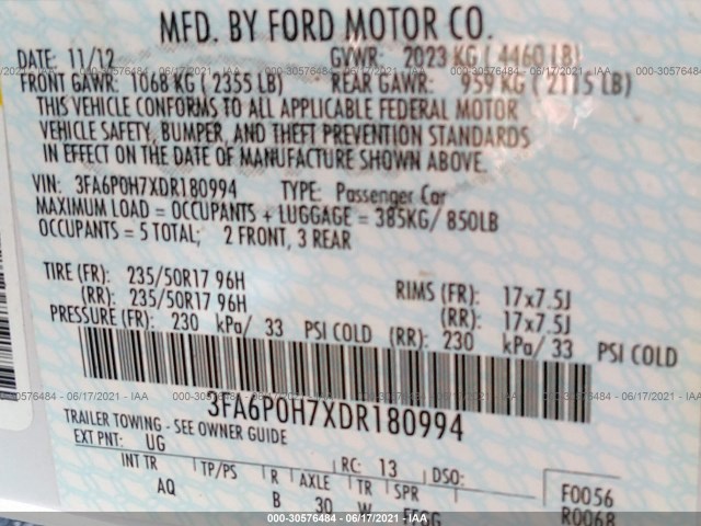 Photo 8 VIN: 3FA6P0H7XDR180994 - FORD FUSION 