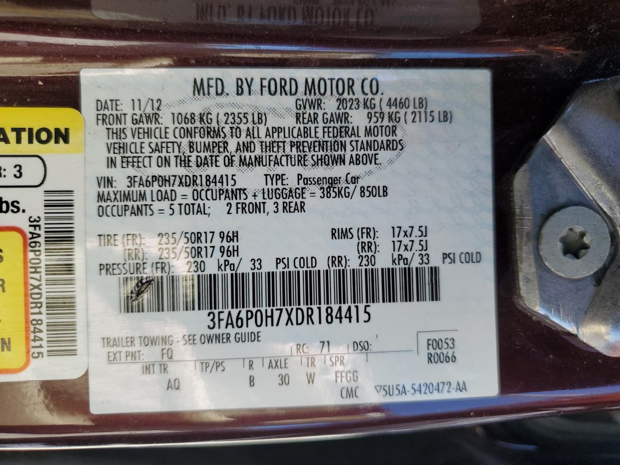 Photo 11 VIN: 3FA6P0H7XDR184415 - FORD FUSION 