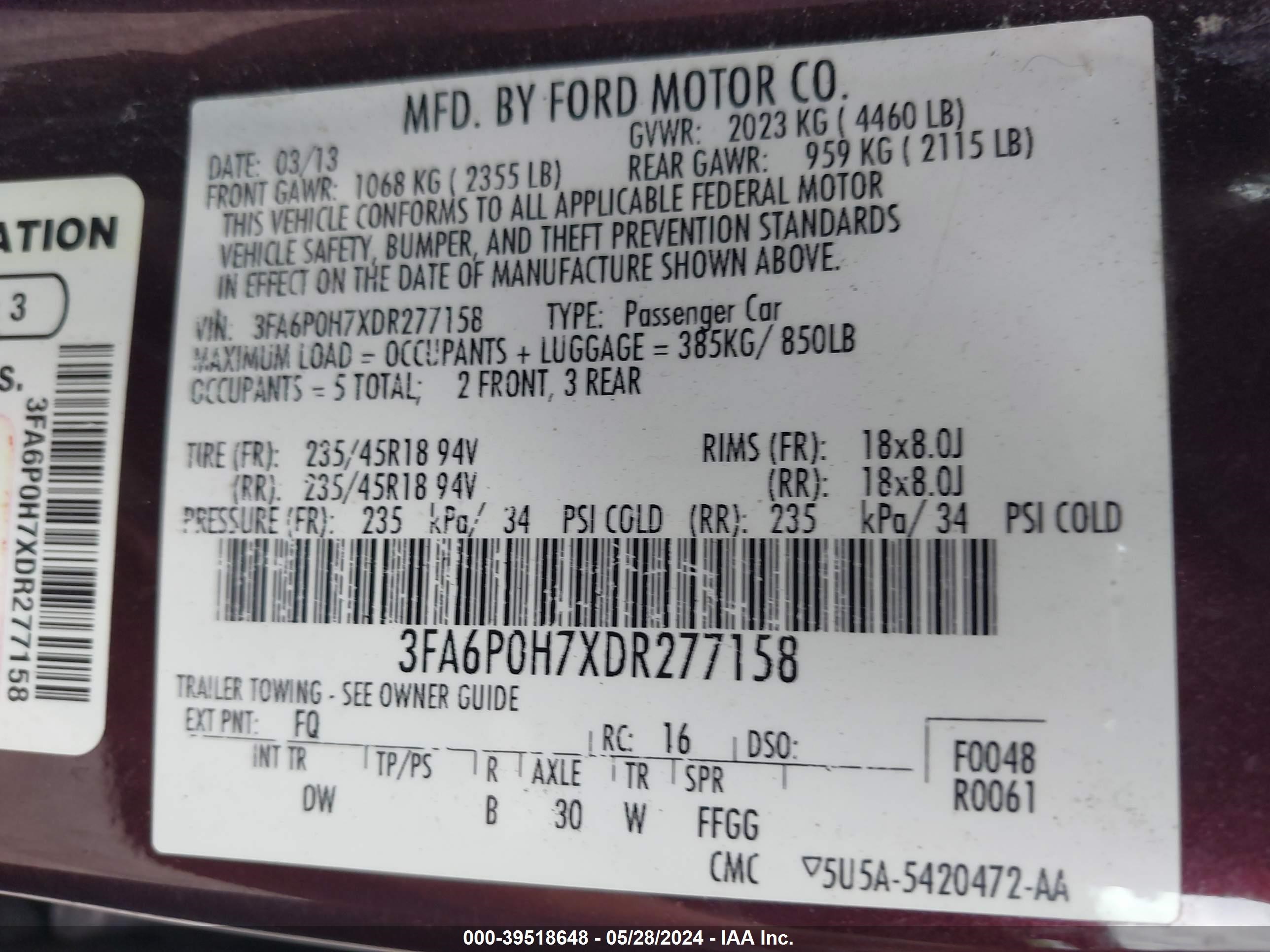 Photo 8 VIN: 3FA6P0H7XDR277158 - FORD FUSION 