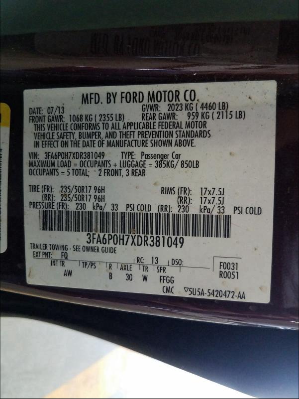 Photo 9 VIN: 3FA6P0H7XDR381049 - FORD FUSION SE 