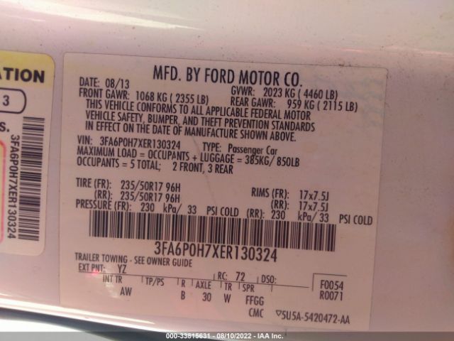 Photo 8 VIN: 3FA6P0H7XER130324 - FORD FUSION 