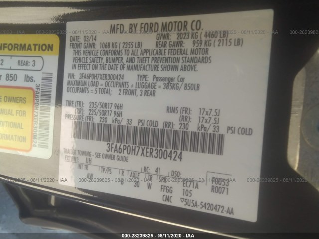 Photo 8 VIN: 3FA6P0H7XER300424 - FORD FUSION 