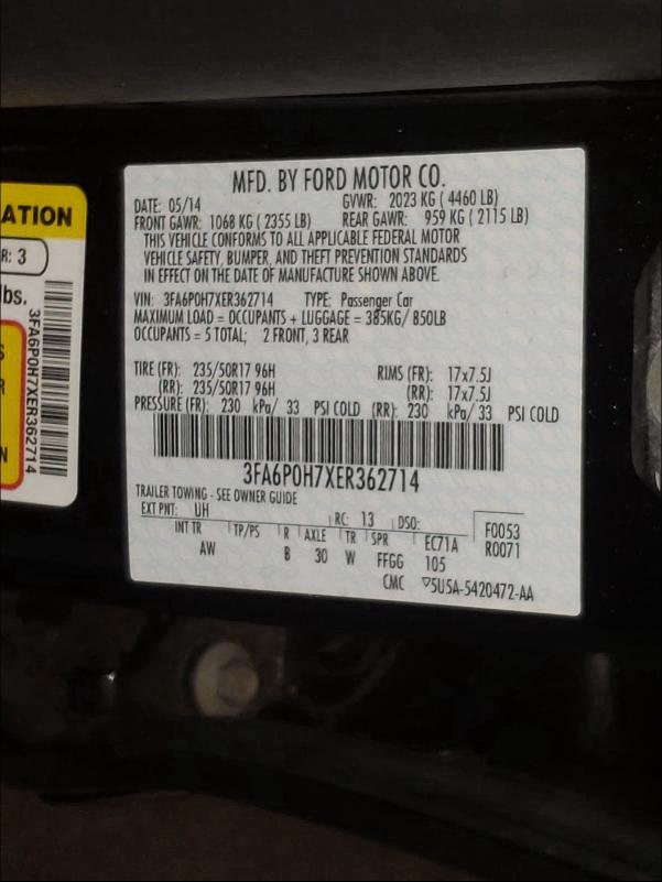 Photo 9 VIN: 3FA6P0H7XER362714 - FORD FUSION SE 