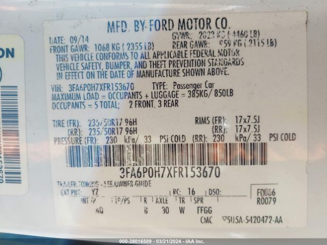 Photo 8 VIN: 3FA6P0H7XFR153670 - FORD FUSION 