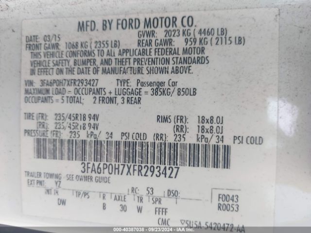 Photo 8 VIN: 3FA6P0H7XFR293427 - FORD FUSION 