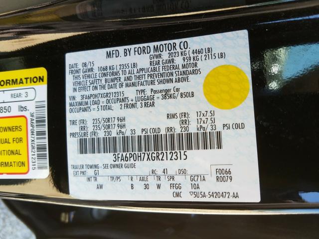 Photo 9 VIN: 3FA6P0H7XGR212315 - FORD FUSION SE 