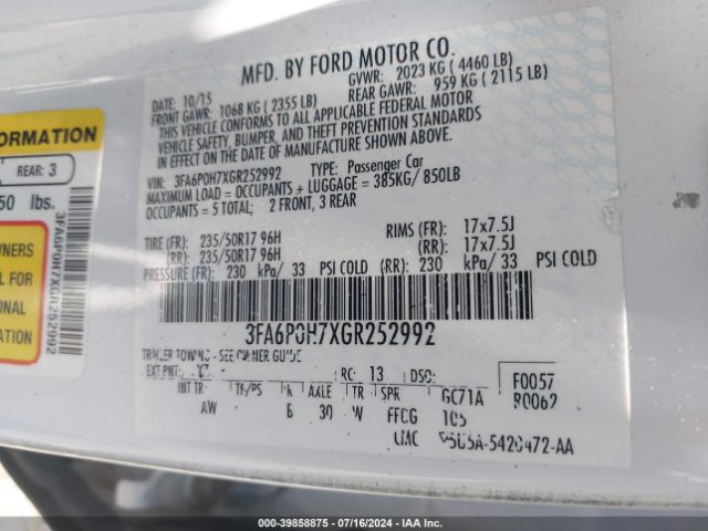 Photo 8 VIN: 3FA6P0H7XGR252992 - FORD FUSION 