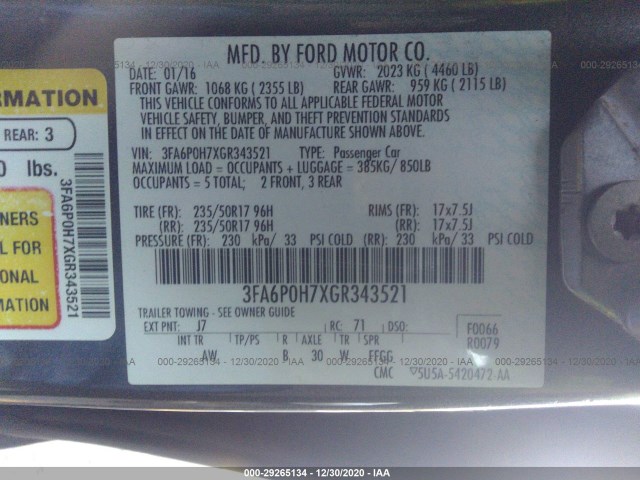 Photo 8 VIN: 3FA6P0H7XGR343521 - FORD FUSION 