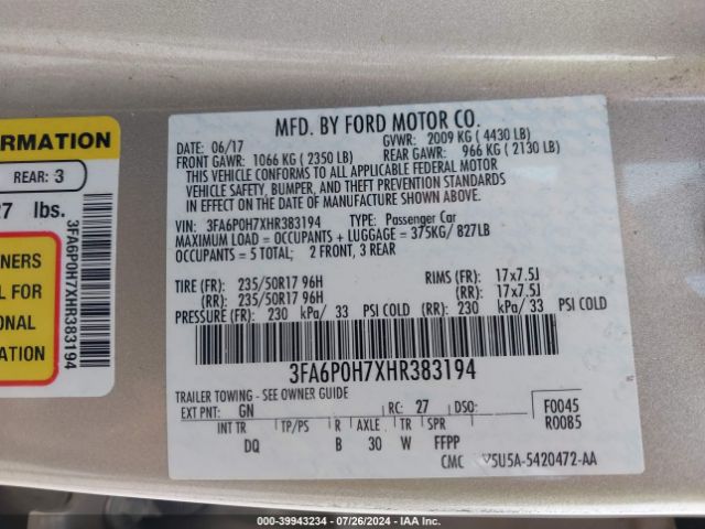 Photo 8 VIN: 3FA6P0H7XHR383194 - FORD FUSION 