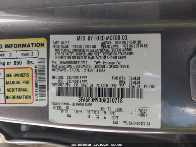 Photo 8 VIN: 3FA6P0H90DR310718 - FORD FUSION 