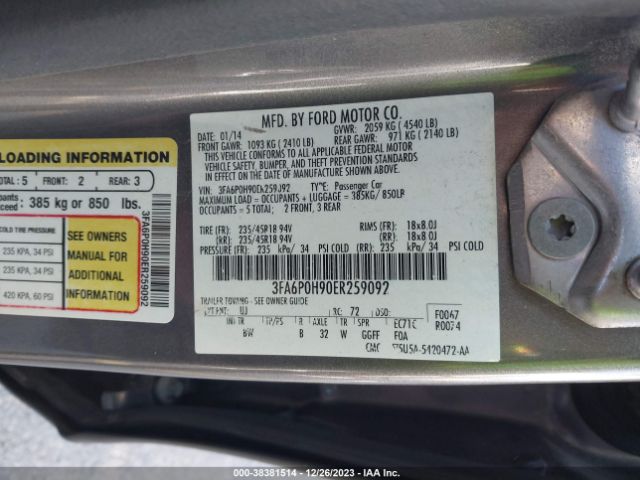 Photo 8 VIN: 3FA6P0H90ER259092 - FORD FUSION 