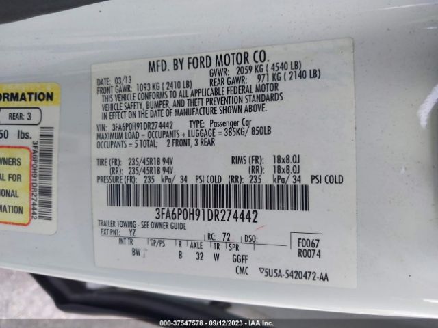 Photo 8 VIN: 3FA6P0H91DR274442 - FORD FUSION 