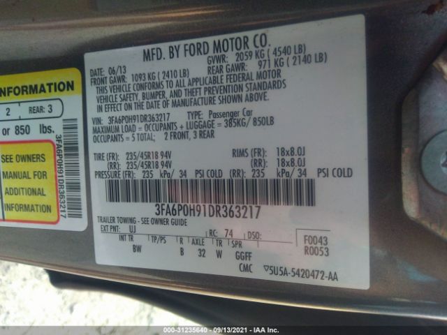 Photo 8 VIN: 3FA6P0H91DR363217 - FORD FUSION 