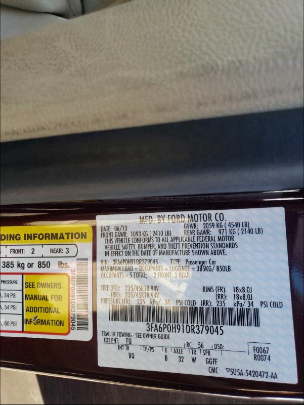 Photo 9 VIN: 3FA6P0H91DR379045 - FORD FUSION SE 