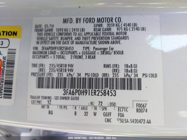 Photo 8 VIN: 3FA6P0H91ER258453 - FORD FUSION 