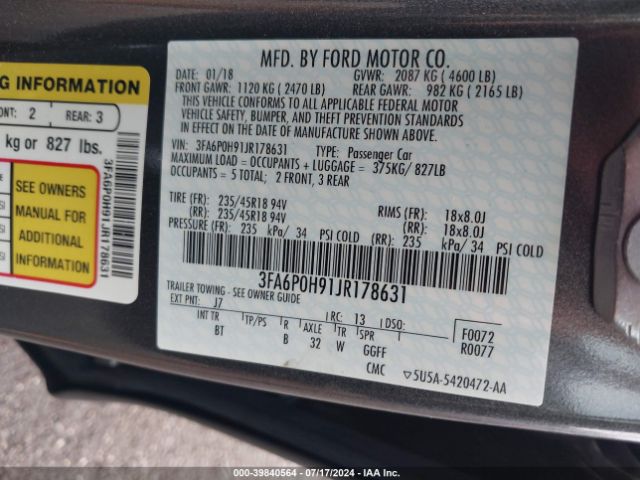 Photo 8 VIN: 3FA6P0H91JR178631 - FORD FUSION 