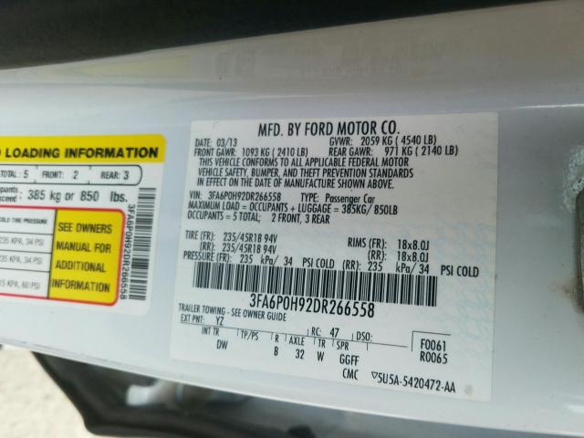 Photo 9 VIN: 3FA6P0H92DR266558 - FORD FUSION SE 