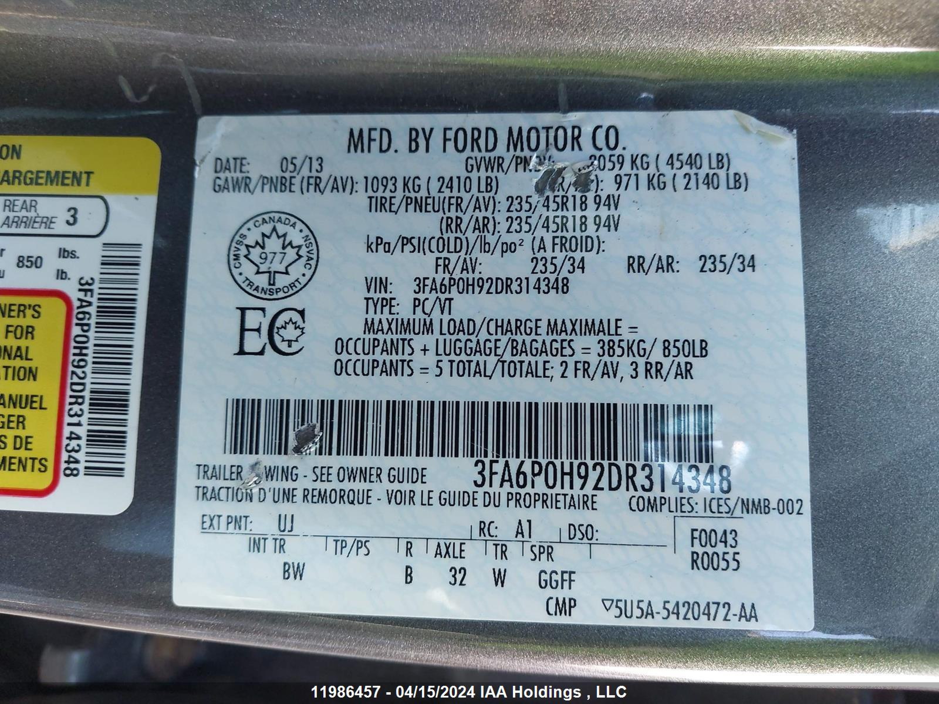 Photo 8 VIN: 3FA6P0H92DR314348 - FORD FUSION 