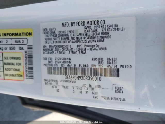 Photo 8 VIN: 3FA6P0H92DR350010 - FORD FUSION 