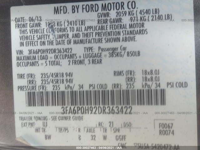 Photo 8 VIN: 3FA6P0H92DR363422 - FORD FUSION 