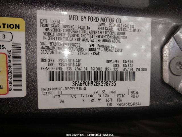 Photo 8 VIN: 3FA6P0H92ER298735 - FORD FUSION 