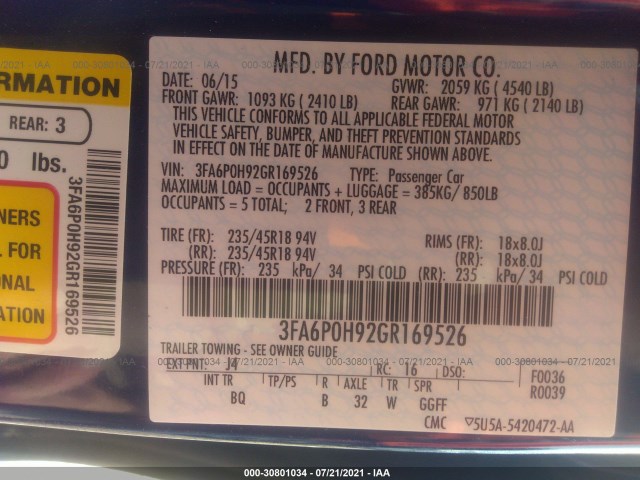 Photo 8 VIN: 3FA6P0H92GR169526 - FORD FUSION 