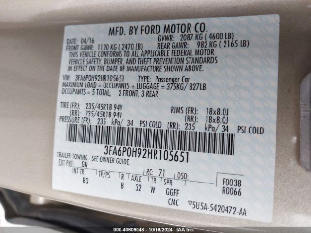 Photo 8 VIN: 3FA6P0H92HR105651 - FORD FUSION 