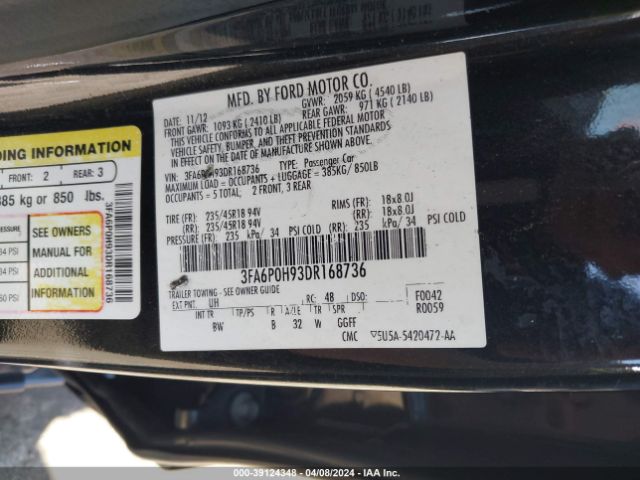 Photo 8 VIN: 3FA6P0H93DR168736 - FORD FUSION 