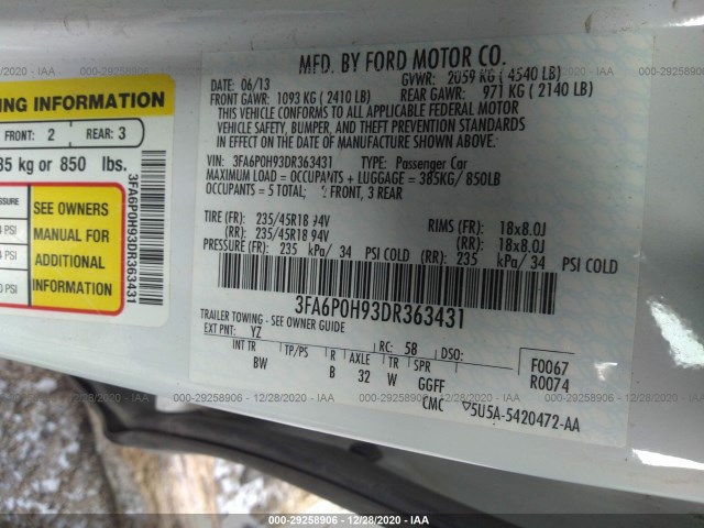 Photo 8 VIN: 3FA6P0H93DR363431 - FORD FUSION 