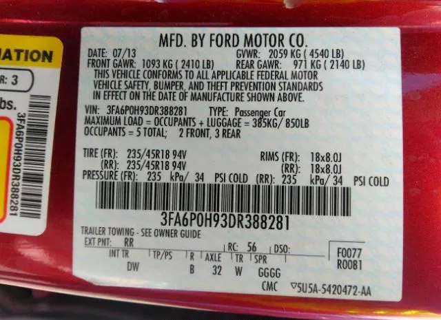 Photo 8 VIN: 3FA6P0H93DR388281 - FORD FUSION 