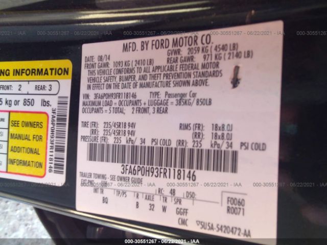 Photo 8 VIN: 3FA6P0H93FR118146 - FORD FUSION 