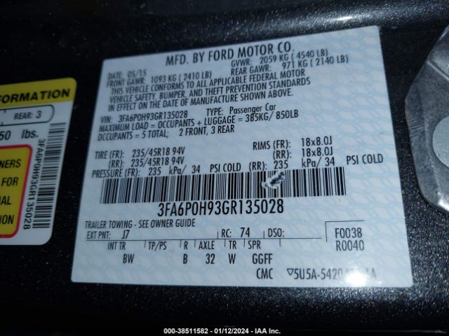 Photo 8 VIN: 3FA6P0H93GR135028 - FORD FUSION 