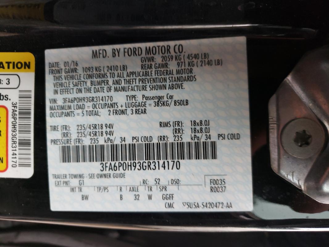 Photo 9 VIN: 3FA6P0H93GR314170 - FORD FUSION SE 