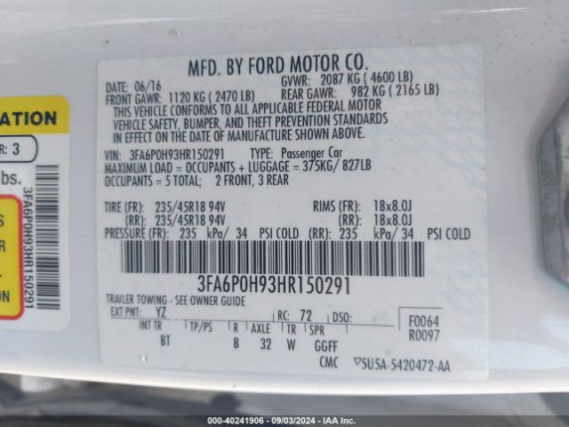 Photo 8 VIN: 3FA6P0H93HR150291 - FORD FUSION 