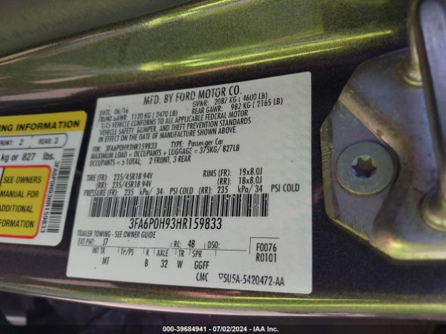 Photo 8 VIN: 3FA6P0H93HR159833 - FORD FUSION 