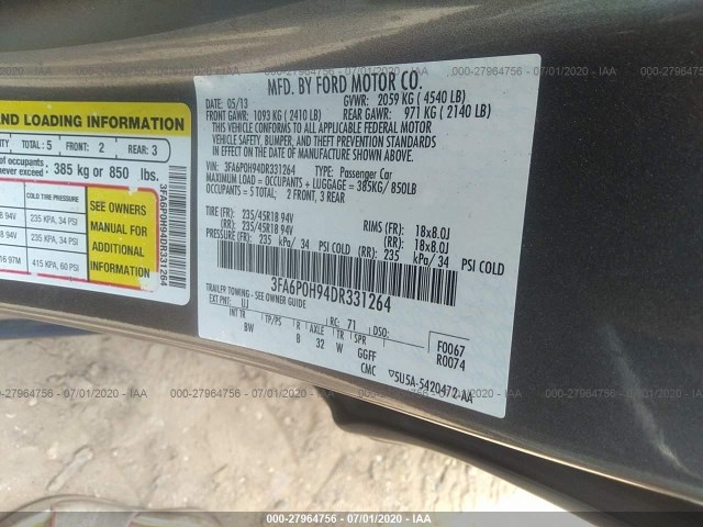 Photo 8 VIN: 3FA6P0H94DR331264 - FORD FUSION 