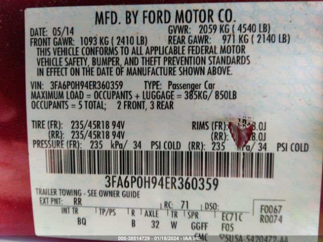 Photo 8 VIN: 3FA6P0H94ER360359 - FORD FUSION 