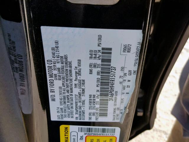 Photo 9 VIN: 3FA6P0H94FR151737 - FORD FUSION SE 