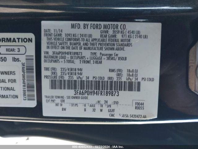 Photo 8 VIN: 3FA6P0H94FR189873 - FORD FUSION 