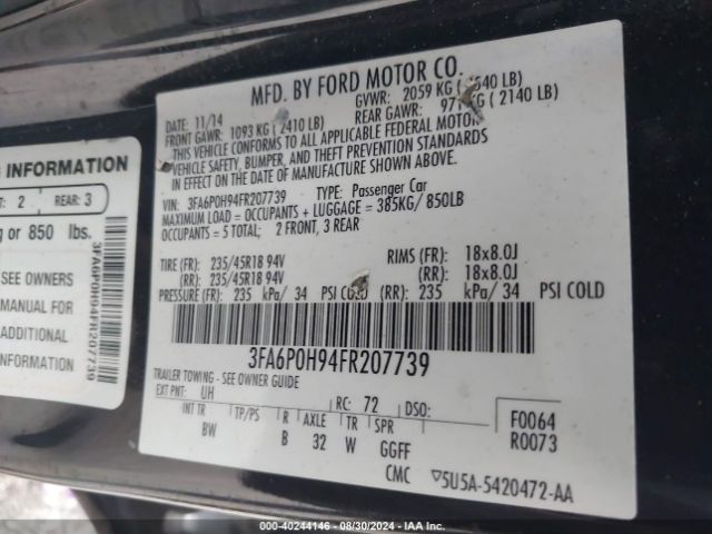 Photo 8 VIN: 3FA6P0H94FR207739 - FORD FUSION 