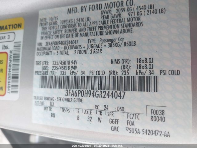 Photo 8 VIN: 3FA6P0H94GR244047 - FORD FUSION 