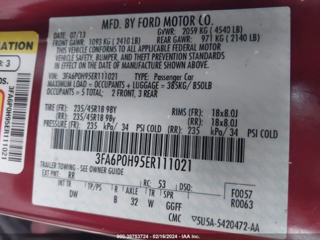 Photo 8 VIN: 3FA6P0H95ER111021 - FORD FUSION 